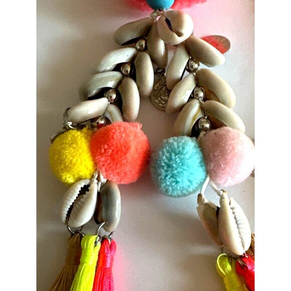 Vibrant Boho Long Tassel Necklace Cowrie Shells Pom Poms Beads Statement - Picture 6 of 9